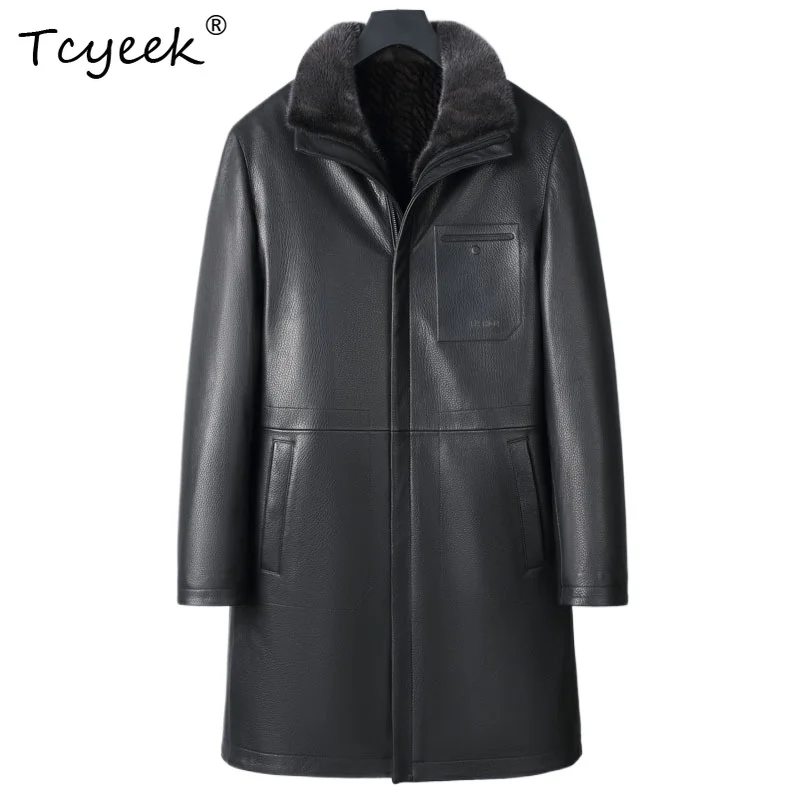 

Tcyeek Goatskin Autumn Winter Trendy Lapel Mink Inner Tank Black Medium Long Men's Genuine Leather Jacket Jaquetas Masculino