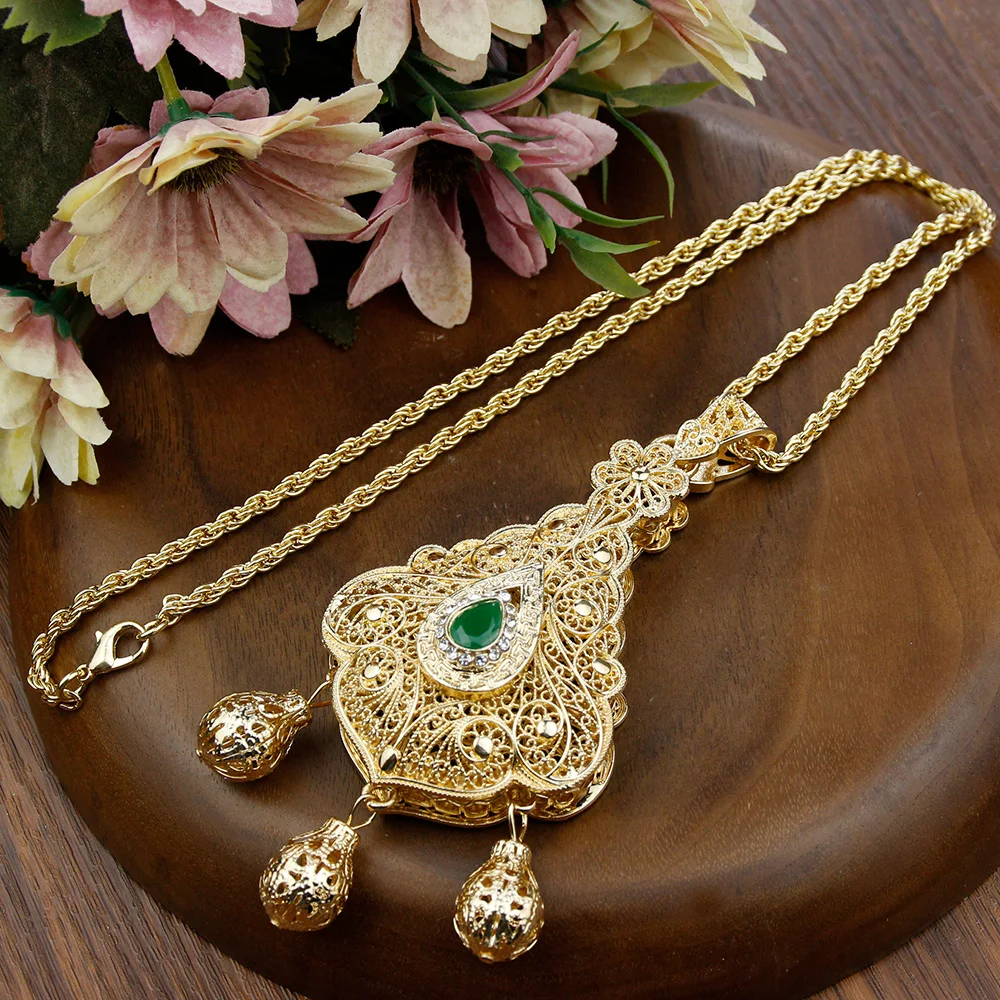 Sunspicems Gold Color Dubai Bijoux Women Pendant Necklace Sweater Chain Morocco Ethnic Bride Wedding Jewelry Bridesmaid Gift
