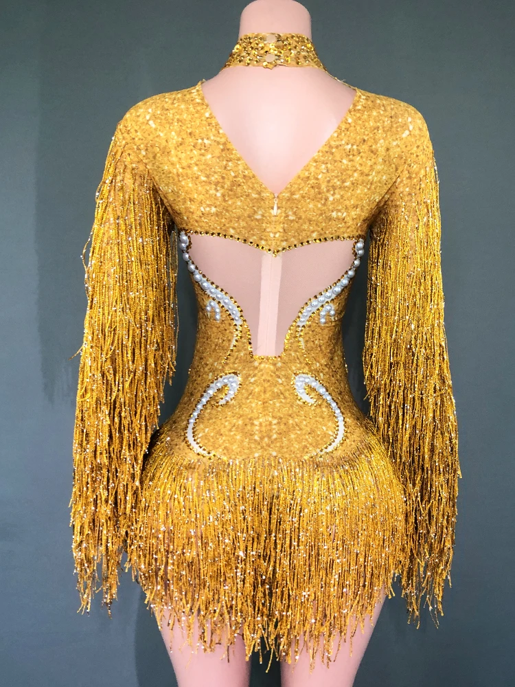 Sparkly Rhinestones Long Sleeve Fringes Bodysuit Women Sexy Mesh Performance Dance Costume Nightclub Singer Dancer Stage Wear