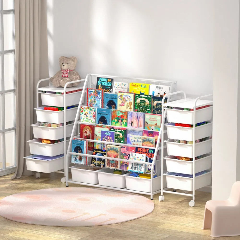 

6-ярусная детская книжная полка с 3 контейнерами для хранения, металлическая отдельно стоящая подставка для книг для малышей, детский книжный шкаф-витрина для игровой комнаты