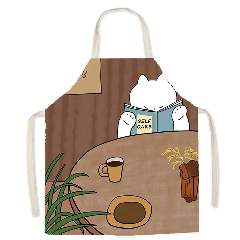 Cute White Cat Printed Apron Cozy Coffee Tea Time Cooking Bib For Women Cafe Barista Baking Pinafore Home Kitchen Accessories view 3
