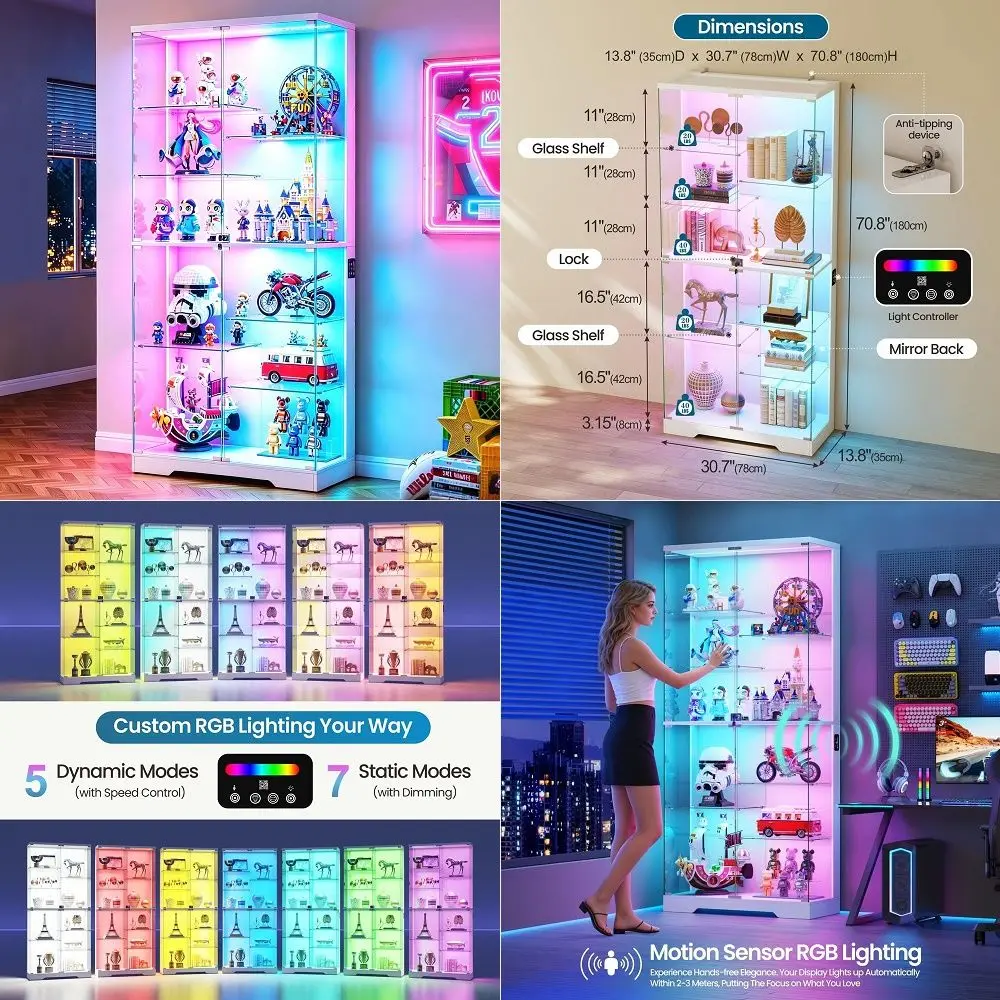 71 Glas-Vitrine mit RGB-Beleuchtung, 10-stufiger Kuriositätenschrank mit Glastüren, abschließbare Figurenvitrine mit menschlichem Körpersensor