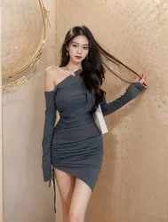 Spring New Off-shoulder Sexy Style Slim Bag Hip Short Slim Fit Black Dress Trendy Diagonal Collar Lace Up Solid Folds Cool 36BI