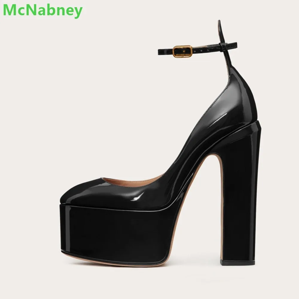 Platform Square Heel Patent Leather Pumps For Female Women 2024 New Arrival Luxury Simple Design Ankle Buckle Strap Girl\'s Shoes