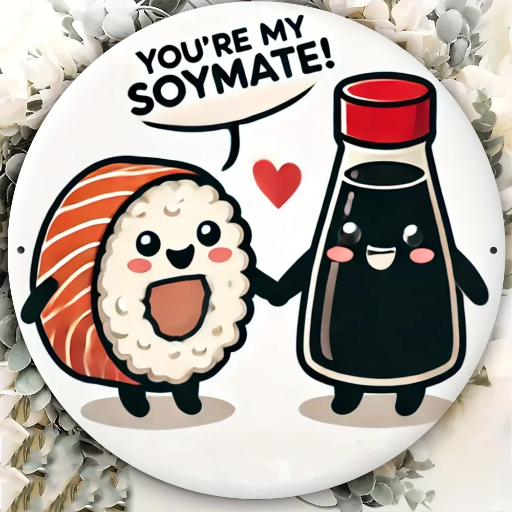 Retro Sushi Sojasoße Metall-Blechschild 8 Zoll Rund Wandkunst Niedliches Cartoon-Muster Hochauflösender Druck Heim Café Bar Männerhöhle Deko