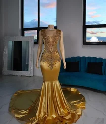 Sexy Gold Satin Mermaid Prom Dress 2025 For Women Glitter Diamante Applique Skinny Vestidos Para Eventos Especiales