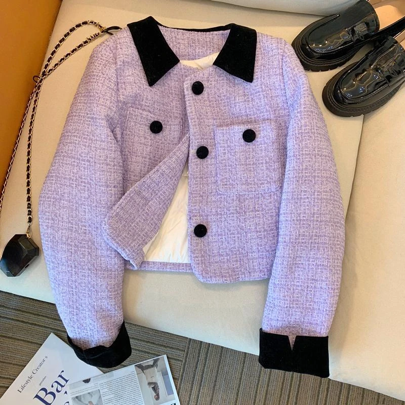 

Elegant Cropped Jackets Women Korean Single Breasted Lapel Coat Spring Autumn Office Lady Vintage Loose Casual Short Outerwear