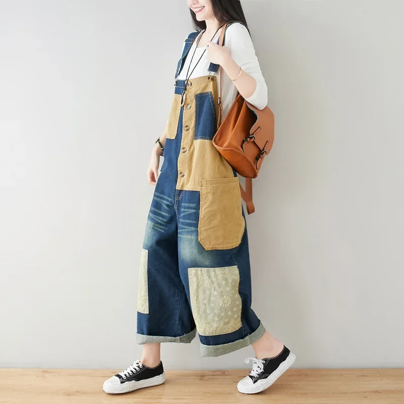 Patchwork Cargo Jean Jumpsuit Suspenders Cowboy Wide Leg Long Pants Baggy Outdoors Denim Rompers Japanese Hiphop Pocket Overalls