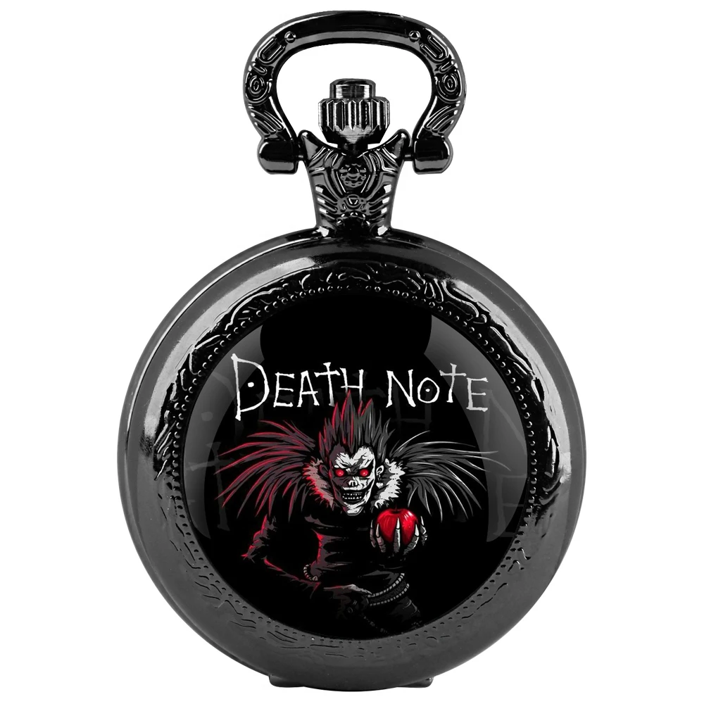 Orologio da tasca al quarzo nero con cupola in vetro Death Note con quadrante con numeri arabi e catena resistente, regalo retrò per uomini e donne