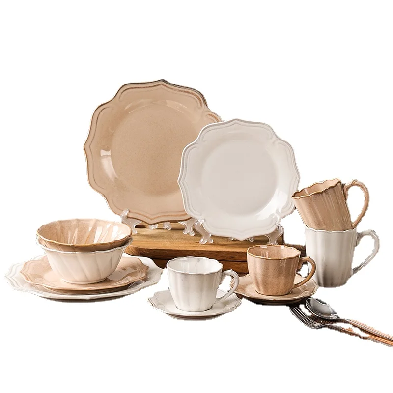 

French Cream Dishes Set Home Rice Bowl Plates Cups Retro Embossed Kitchen Tableware Combination