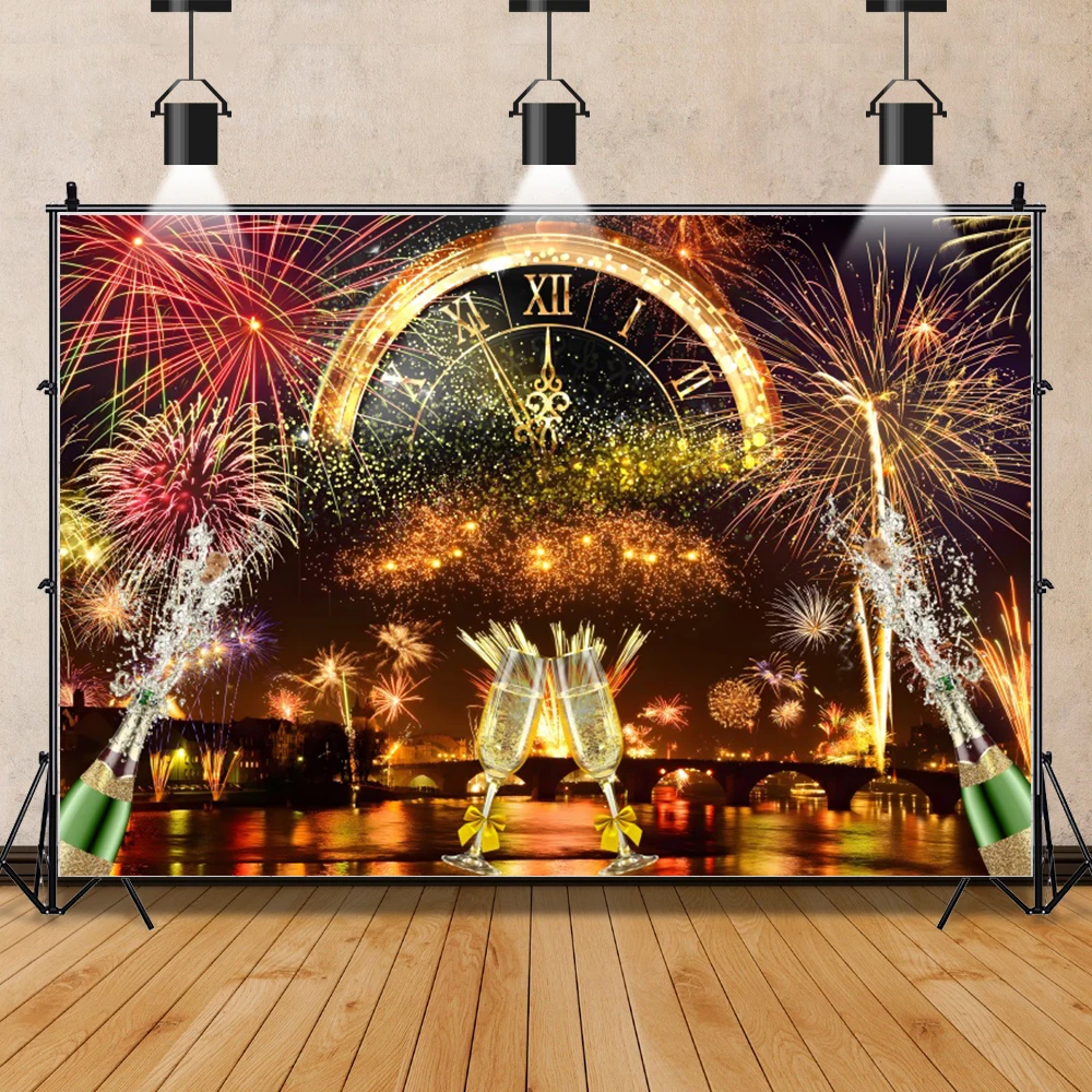 خلفية التصوير الفوتوغرافي للعام الجديد ، الألعاب النارية ، الشمبانيا ، الساعة ، الاحتفال ، الحفلة ، عيد الميلاد ، الخلفية ، استوديو الصور ، الدعائم ،