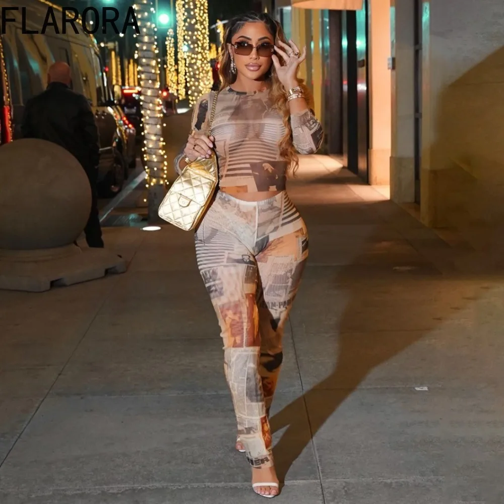 

FLARORA Vintage Colorful Print 2-Piece Set Woman O Neck Full Sleeve Slim Crop Tops And Skinny Pants Sexy Stretch Street Outfits