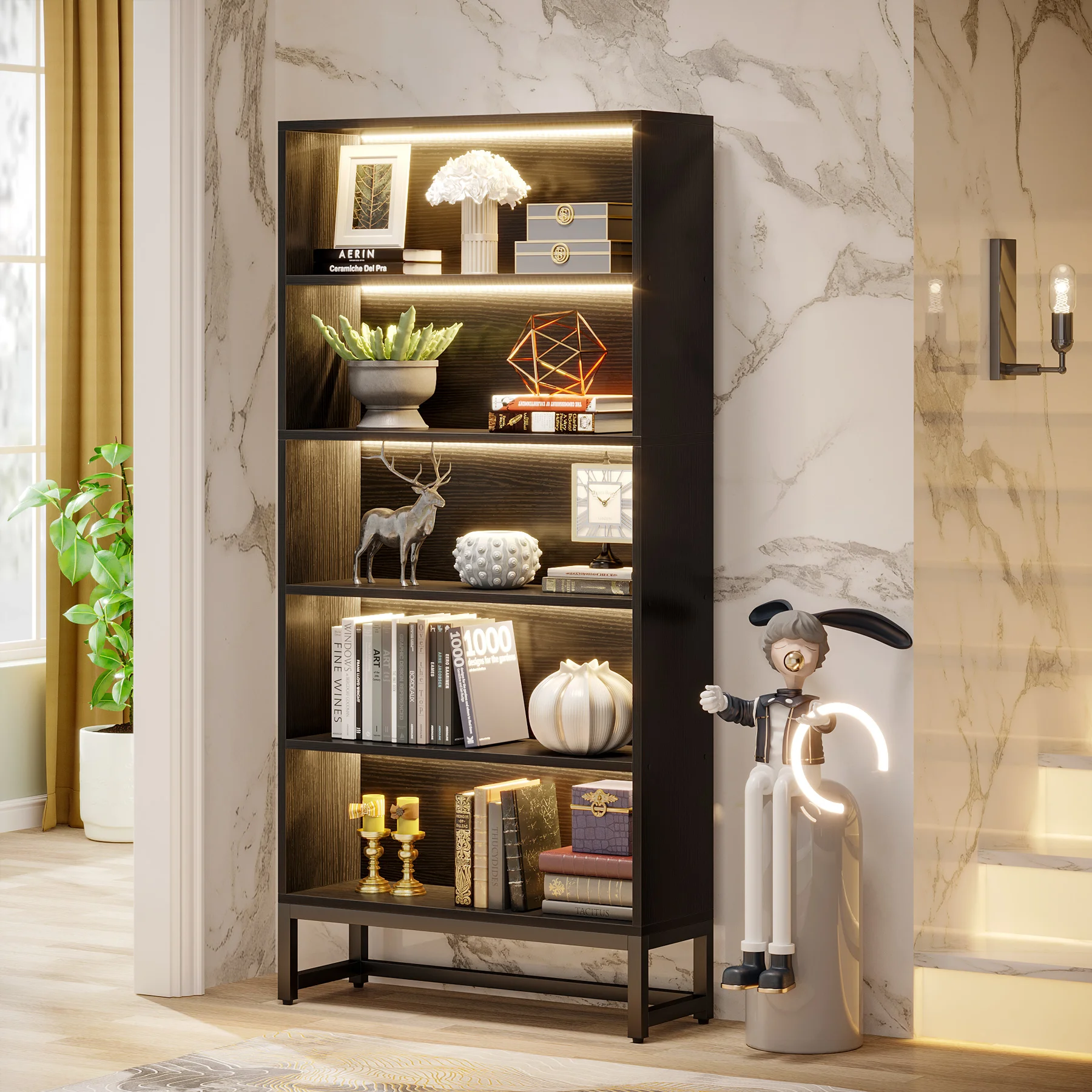 Tribesigns Tall Bookcase Black Bookshelf, 70.8” Large Bookcases Organizer with LED Lights, Heavy Duty Library Bookcase