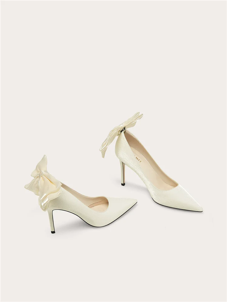 Spring new pointed shallow mouth silk bow pearl wedding shoes banquet large size small size widened high heels women's shoes