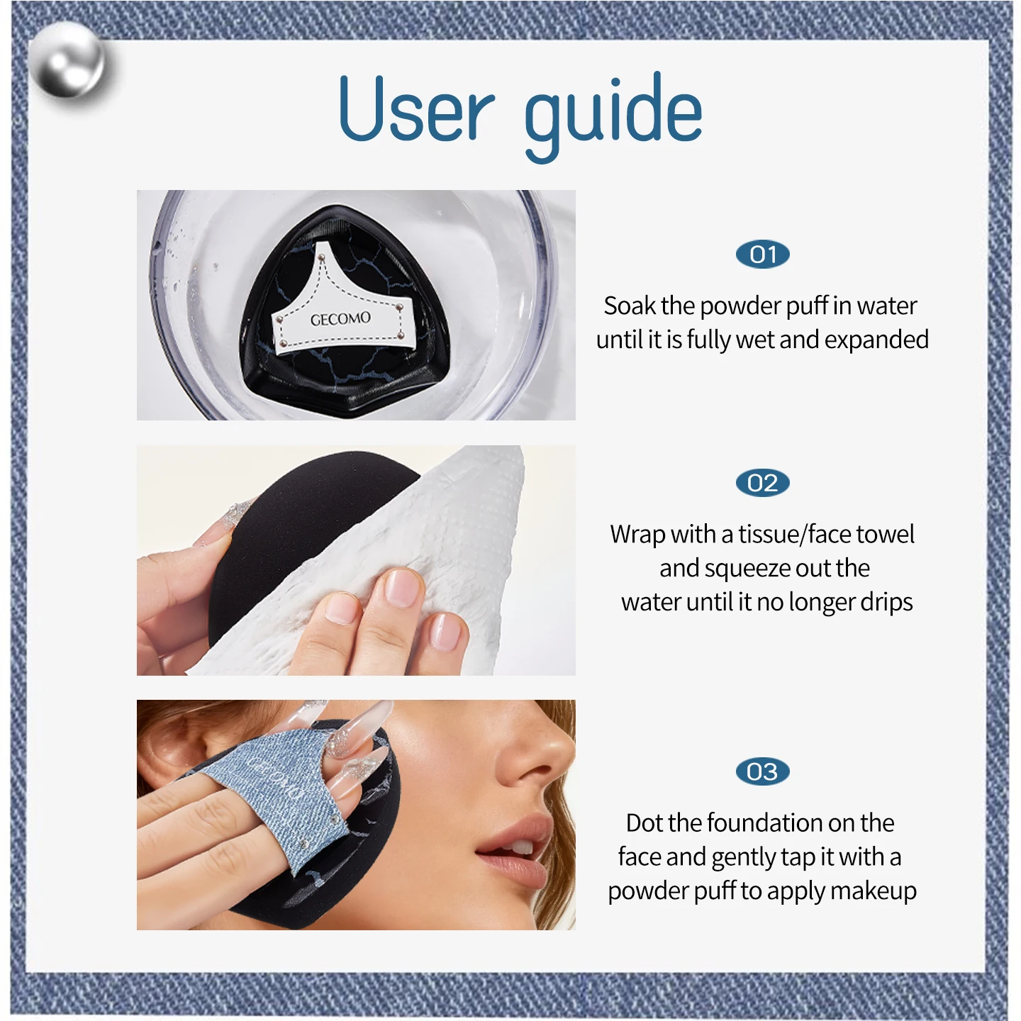 2PCS 데님 메이크업 파우더 퍼프 세트 부드러운 피부 친화적인 건식 및 습식 이중 용도 스펀지 쿠션 리퀴드 파운데이션용