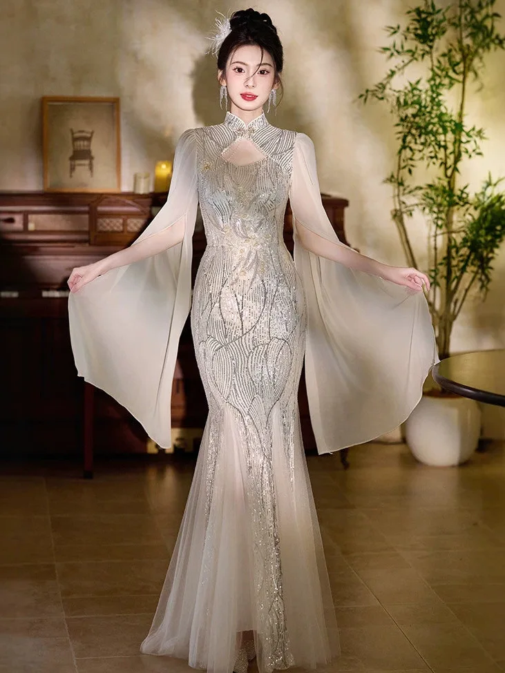 

New Chinese Style Women's Evening Gown 2026 Waist-Cinching Fish Tail Gown Improved Sequin Engagement Toasting Dress...