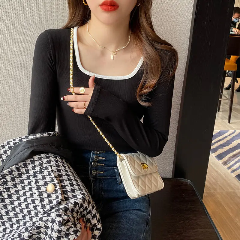 Women Casual Long Sleeve T-Shirts Square Collar Spring Autumn Slim Fit Pullovers T-shirt Female Patchwork Base Tees Tops