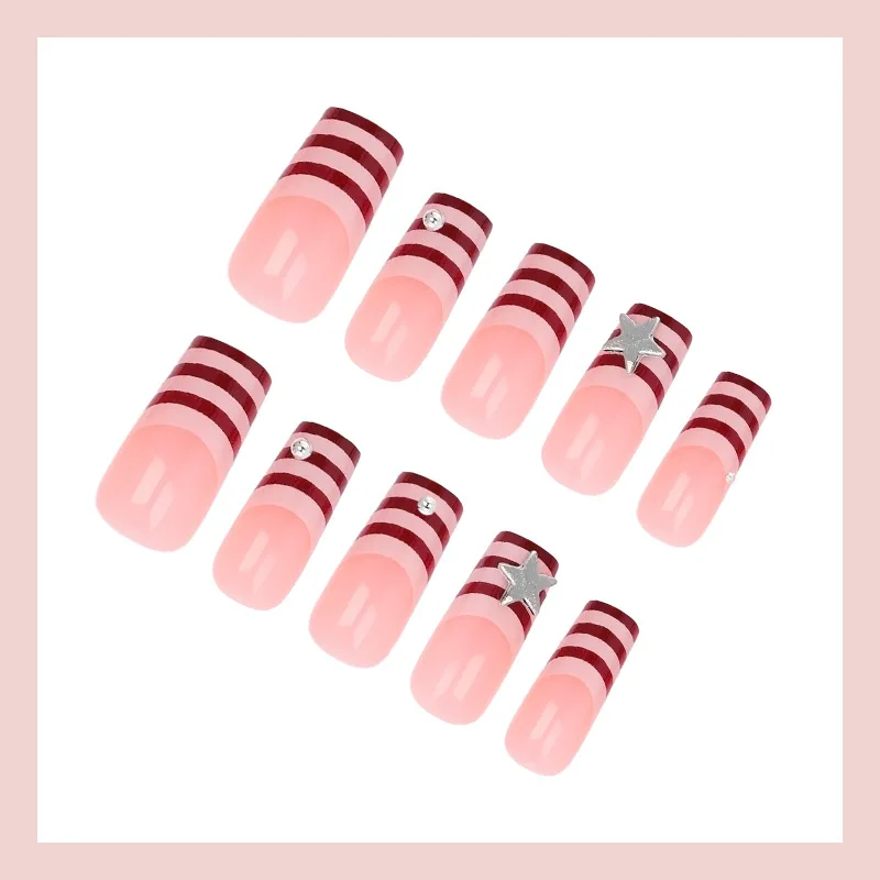 24 Stück Mittellange Quadratische Künstliche Nägel in Rosa-Braun mit Streifen und Süßen Coolen Sternen-Designs, Aufklebenägel mit Vollabdeckung, Modische Spitzen – Detail 3