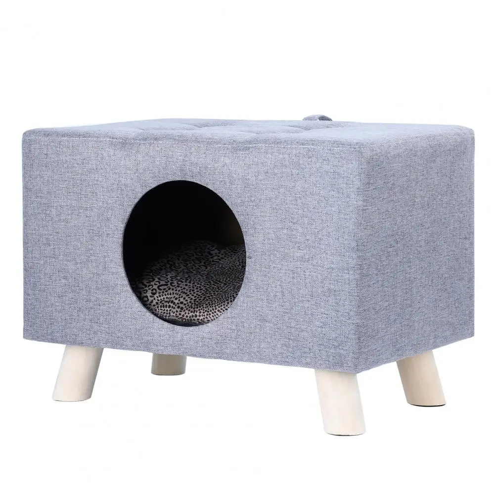 

Cat Nest, Wood Pet House Cat Cave with Mat, Pet House Foot Rest Stool with Cushion, Cube House for Cats and Small Dogs