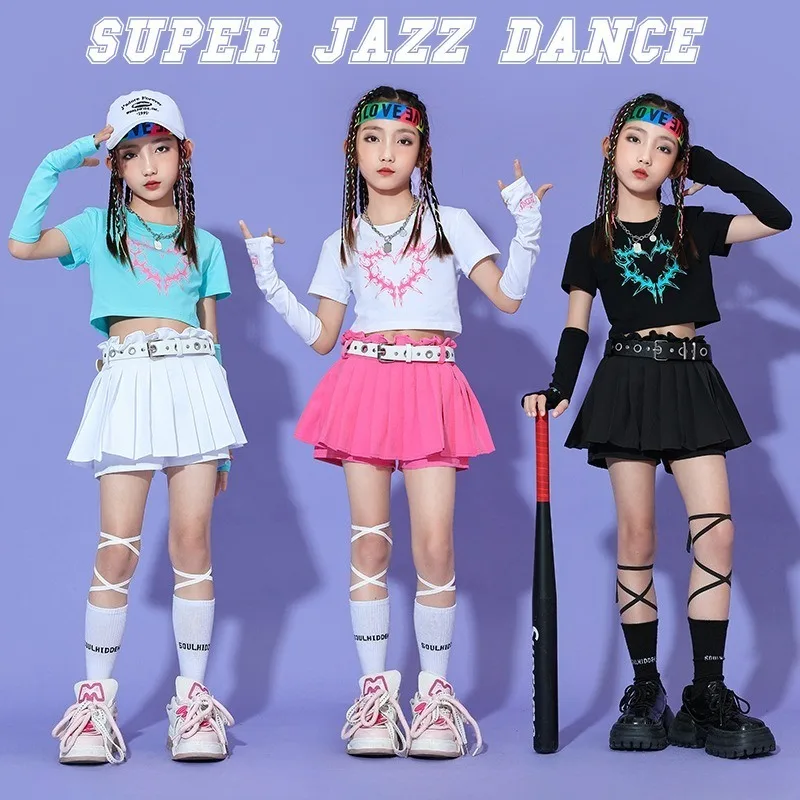 Letni modny strój do jazzu dla dziewczynki na rok 2025, miękki zestaw sukienki z T-shirtem, kostium do występów, kostium taneczny, strój Kpop dla dzieci, strój rave