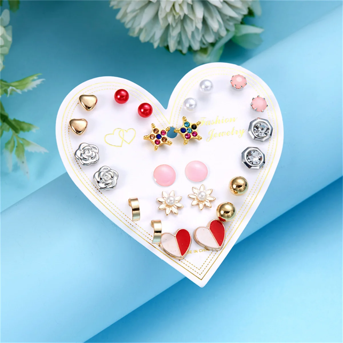 12Pairs/Set Delicate Elegant Flower Heart Butterfly Stud Earrings For Women Bohemia Mini Geometric Bow Zircon Earrings Jewelry