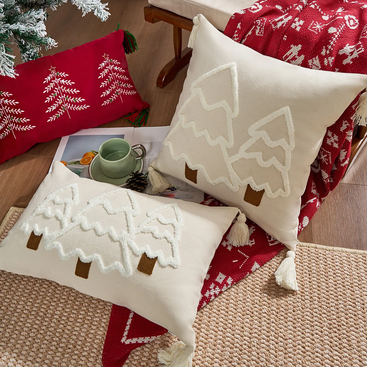 Embroidery Throw Pillow Cover Christmas Decoration Linen Christmas Tree Winter Farmhouse Home Sofa Living Room 30x50cm 45x45cm
