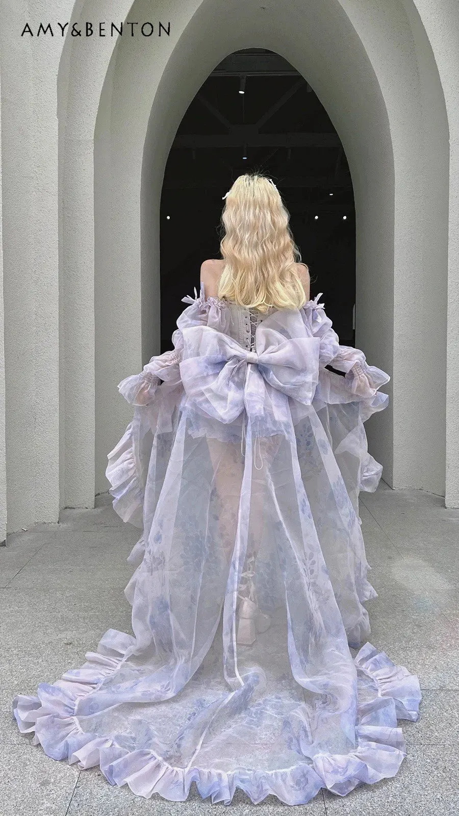 퍼플 보우노트 스트랩리스 탑 하이웨이스트 레이어드 롱 스커트 세트 생일 파티 성인식 데일리 데이트 스커트