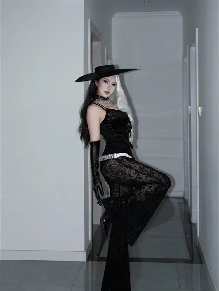 セクシーなシースルーレーススカルハイウエストパンツ レディース 2025 パンク ゴス パーティー フレアパンツ ストリートウェア ブラック スリムフィット ボトムス