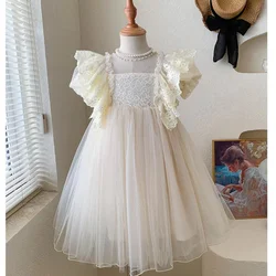 Abito da principessa per bambini In abito da festa per bambini In stile coreano verde con maniche svasate In maglia di perle di pizzo adatto per l'estate