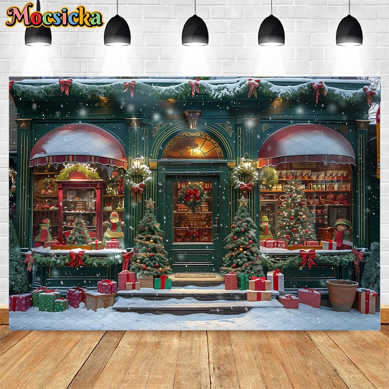 Mocsicka Wintertime Shop Backdrop Xmas Kids Baby Photography Props Adult Photocall Decor Winter Store Front Snowflake Background