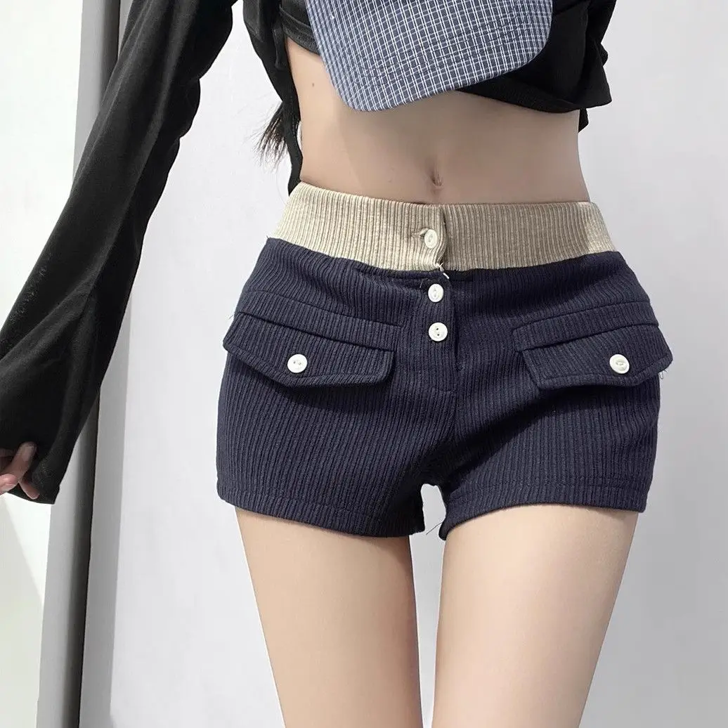 Splicing Contrasting Color Low Waist Knitted Shorts Women's Summer New Front Pocket Tooling Breasted Hot Pants