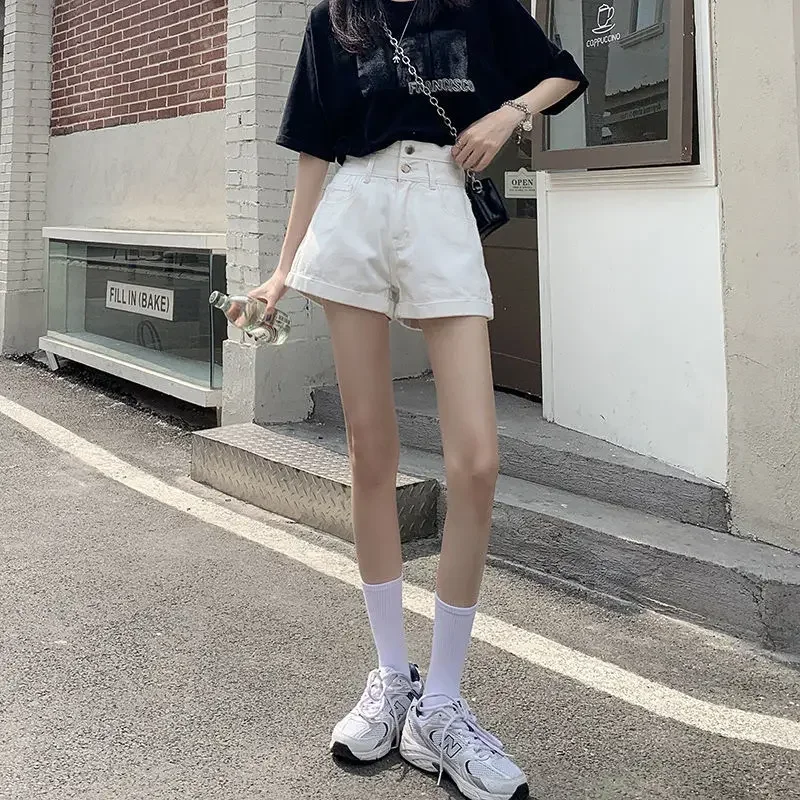 กางเกงยีนส์กางเกงขาสั้นผู้หญิง Chic Pure Feminino Harajuku Casual All-Match ด้านล่างฤดูร้อนสูงเอว Preppy สไตล์นักเรียนปุ่มใหม่