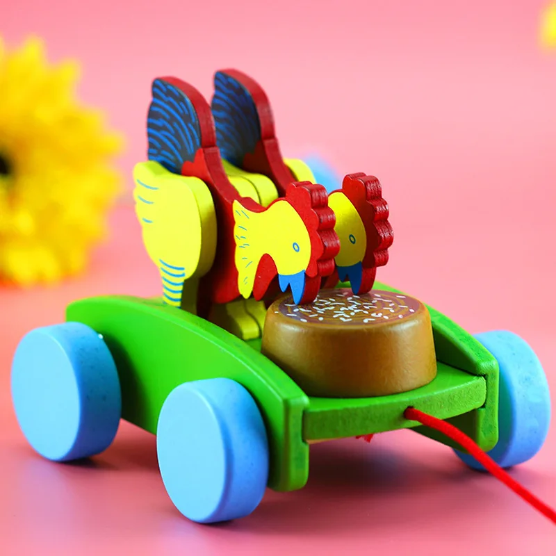 New Wooden Kids Cartoon Cute Rooster Eating Rice Hand-pull Car Toys 0-3 Years Old Baby Fun Rooster Baby Walkers Pull-wire Toys