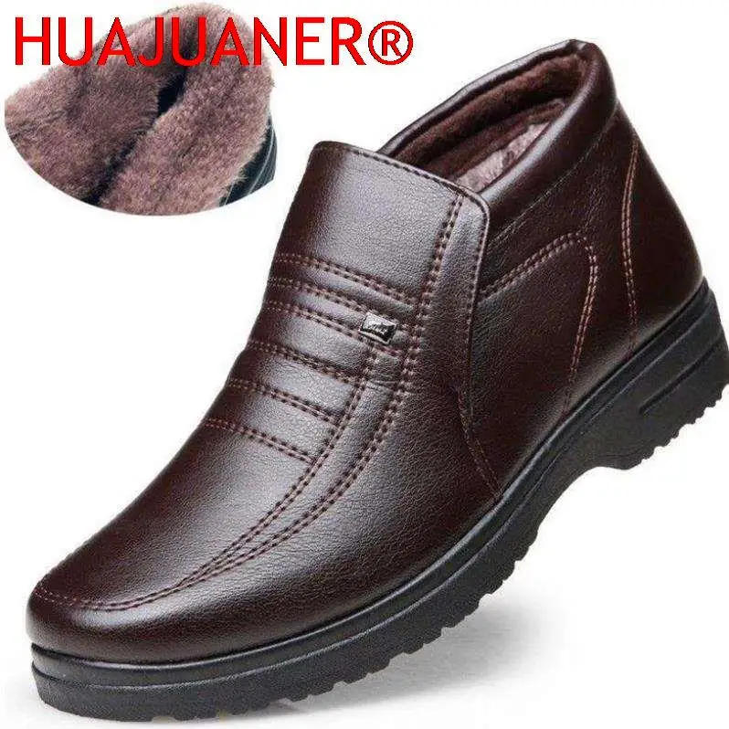 Winter Waterproof Men\'s Casual Leather Shoes Flannel High Top Slip-on Male Casual Shoes Rubber Warm Winter Shoes for Mens