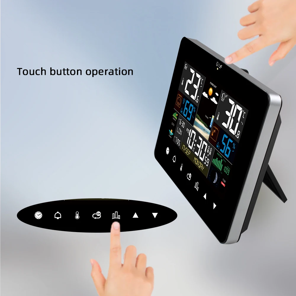 FanJu stazione meteorologica Touch Screen orologio da parete misuratore di umidità della temperatura orologi da tavolo con sensore esterno alba