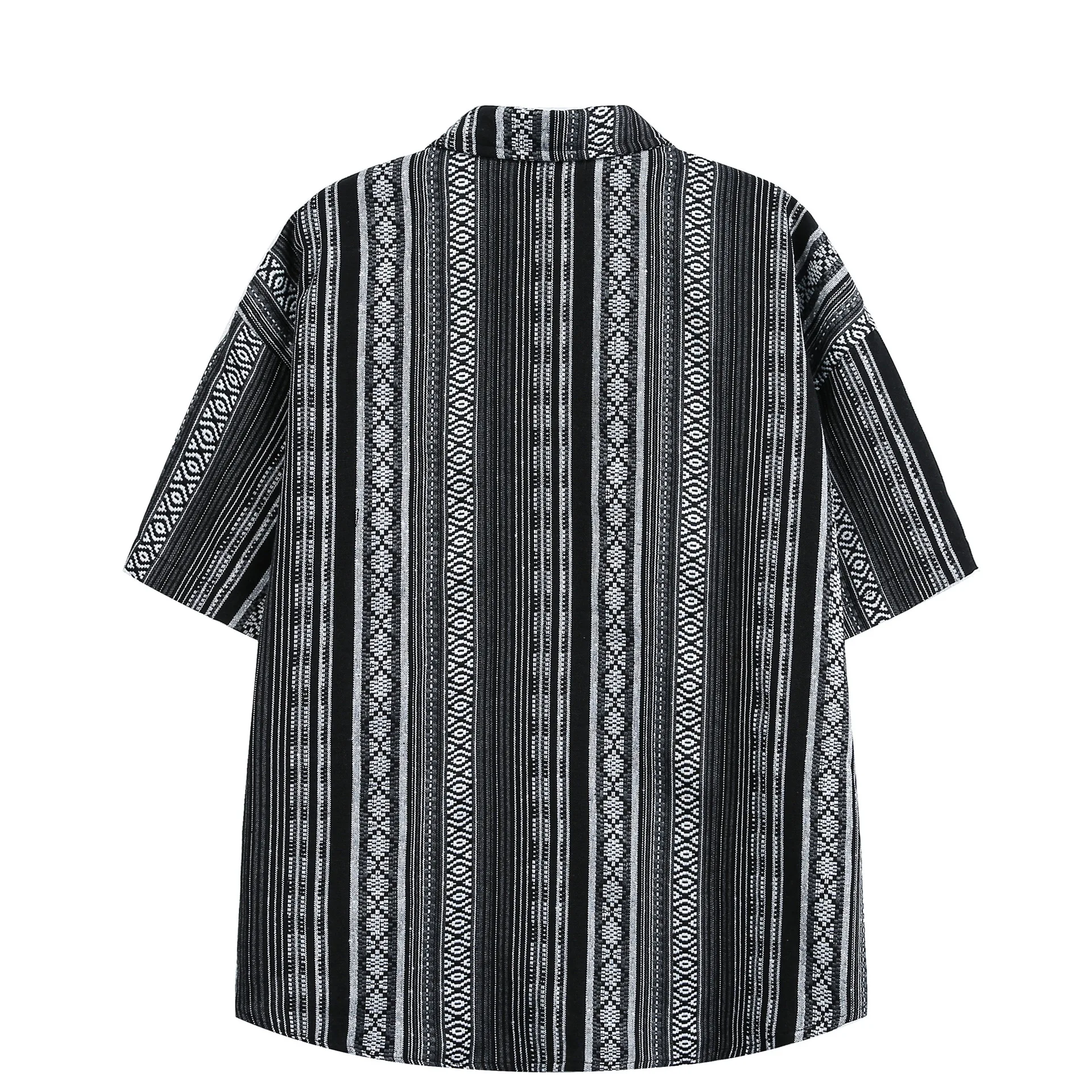 Japanese Vintage Ethnic Jacquard Striped Workwear Shirt for Men Summer Oversized Loose-Fitting Unisex Vintage Half Sleeve Shirt