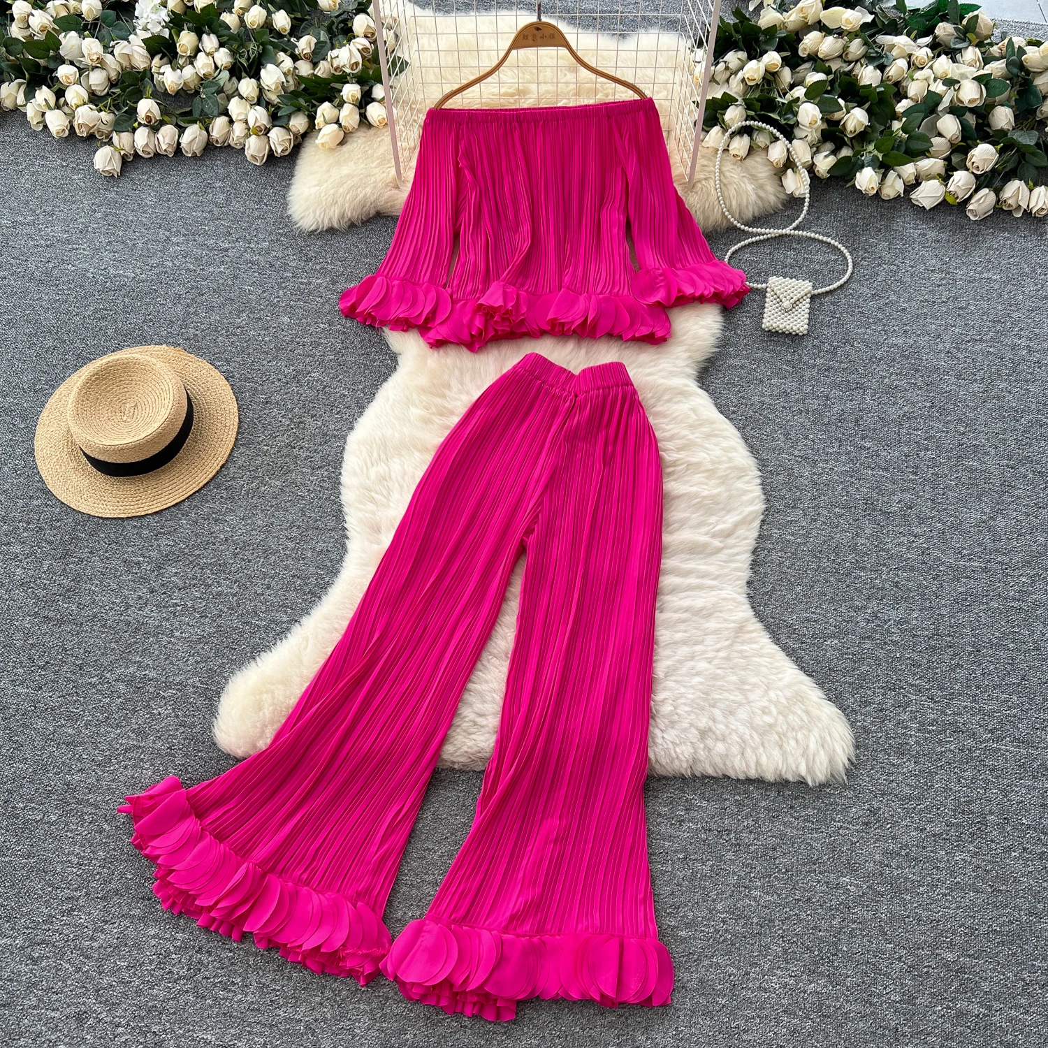 

Sexy Two Pieces Sets Chic slash neck Three-dimensional Top with Fashion Hotsweet High Waist Wide Leg Pant Sets