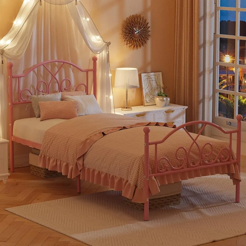 Modern Twin Size Bed Frames for Kids Girls, No Box-spring Needed Twin Platform Bed Frame with Unique Headboard and Footboard