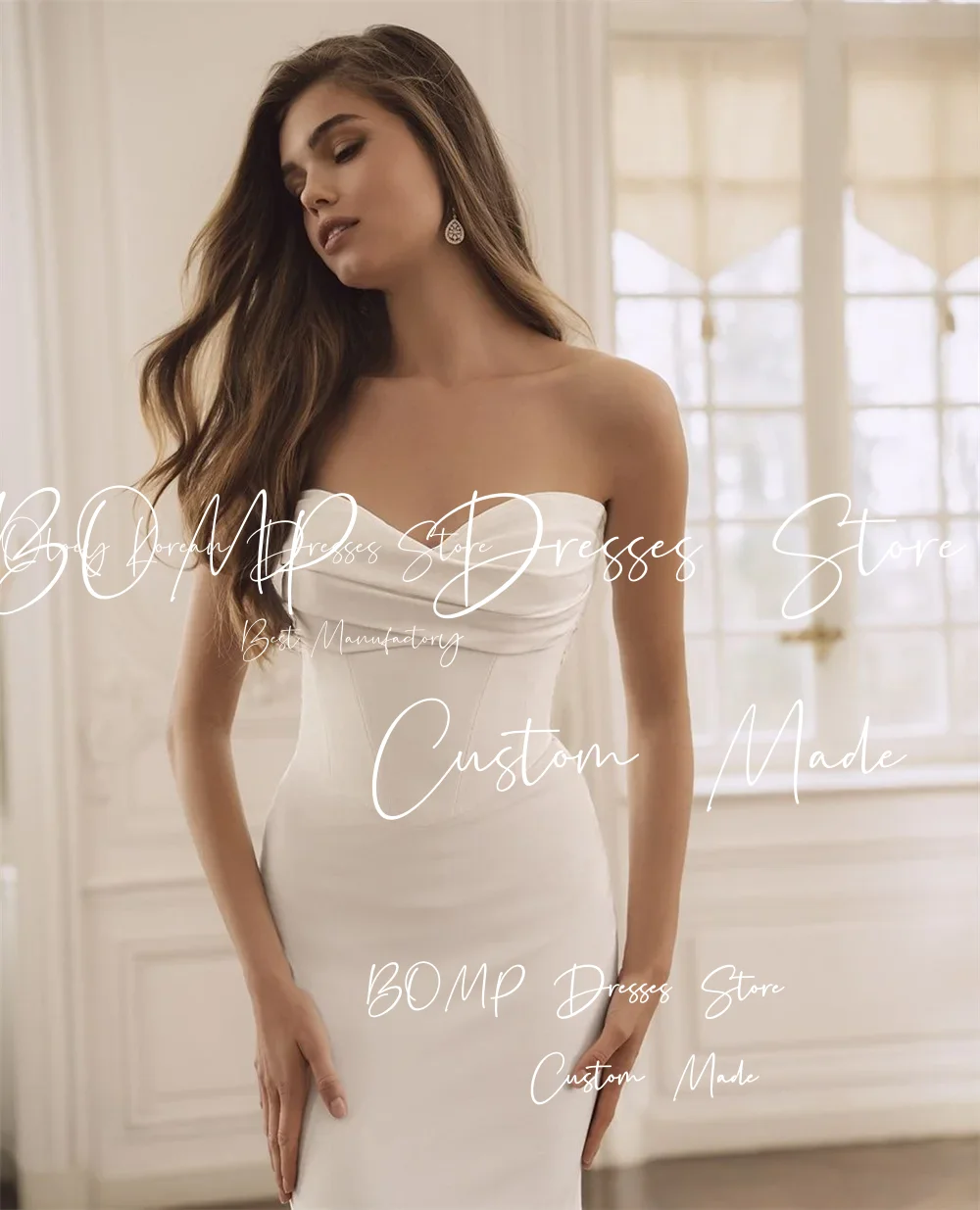 BOMP op maat gemaakte witte trouwjurk met hartvormige halslijn, mouwloos, rits aan de achterkant, vestidos de noiva, sexy zeemeermin satijnen avondjurk 2026