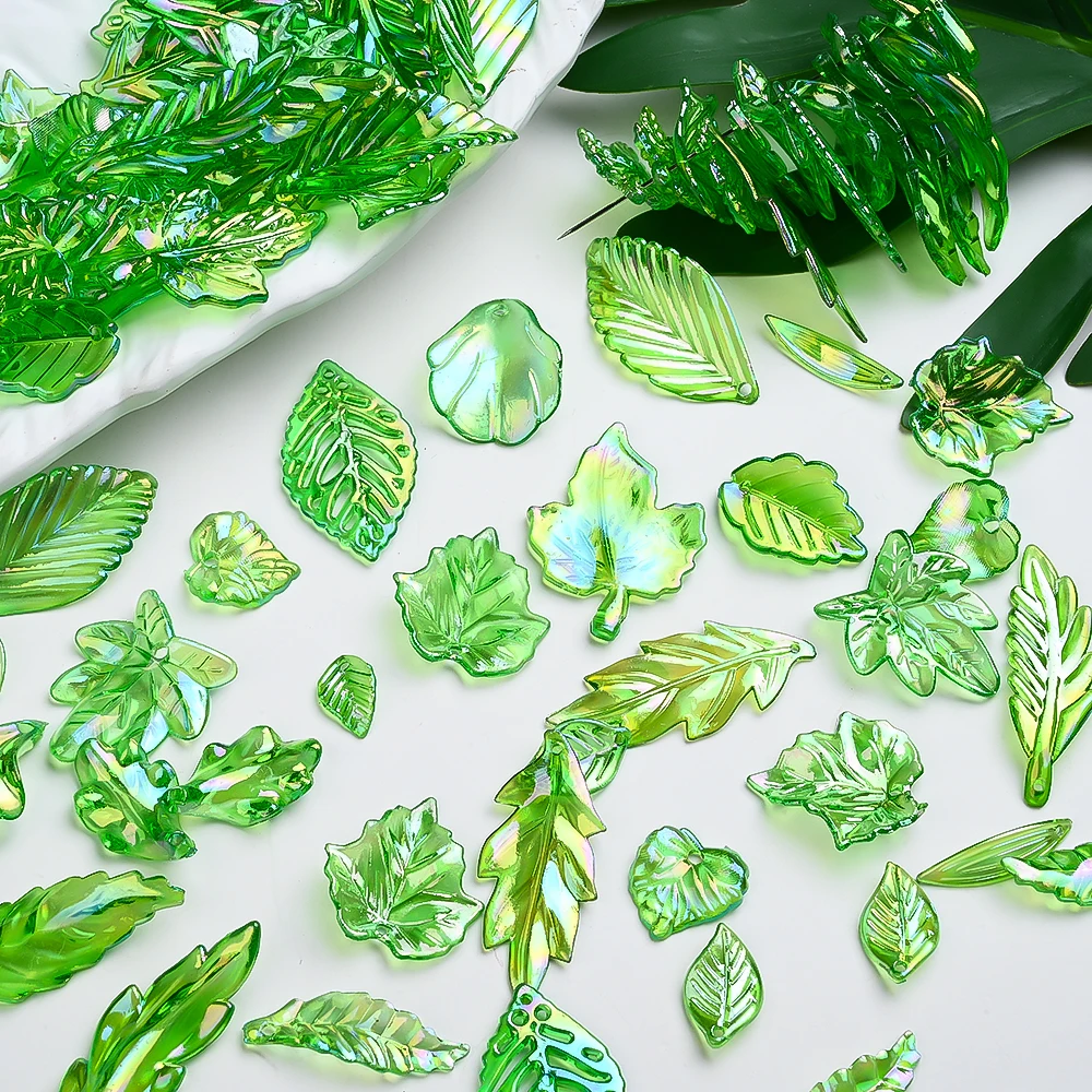50g grüne Acryl-Blattperlen, durchscheinend, AB-Farbe, Naturpflanzenform, Abstandshalterperlen für DIY-Schmuckherstellung, Armbänder, Halsketten – Detail 6