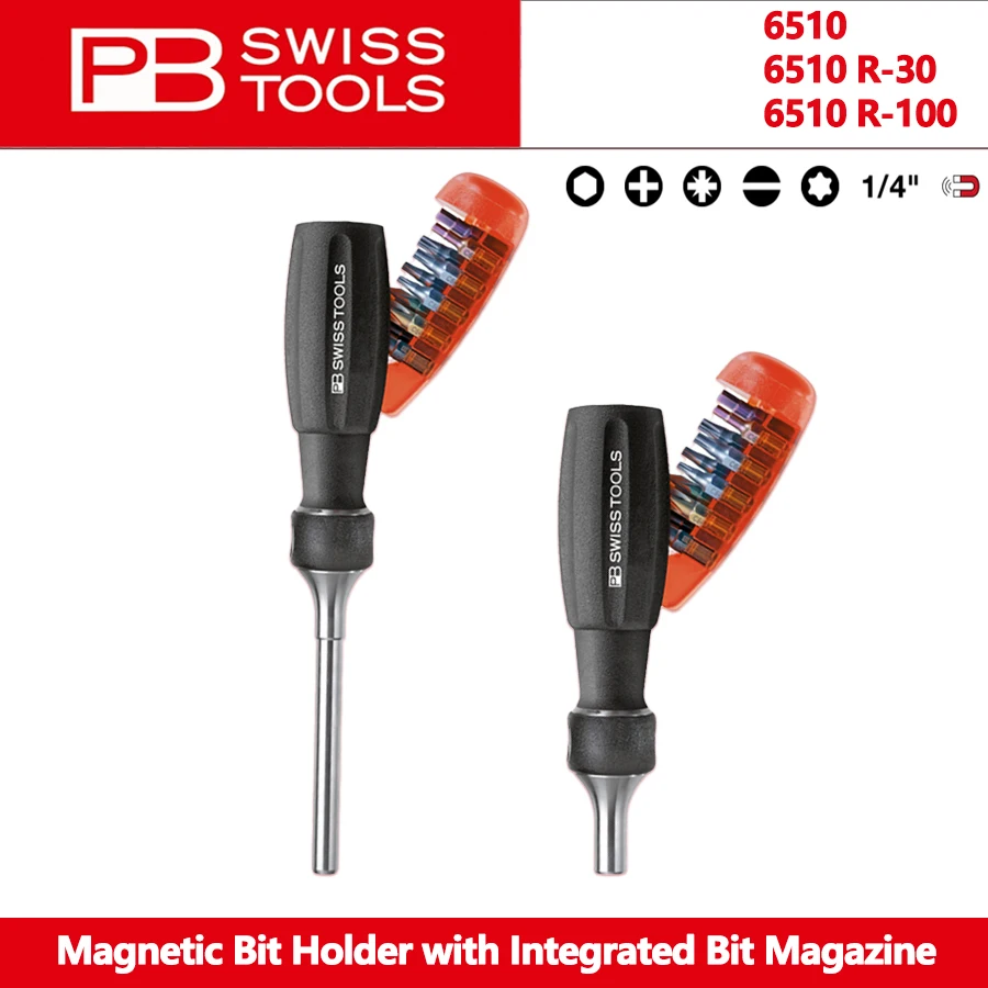 

PB SWISS 6510 6510 R-30 6510 R-100 Magnetic Bit Holder for 1/4” Bits with Integrated Bit Magazine & 10 Bits Screwdriver Set