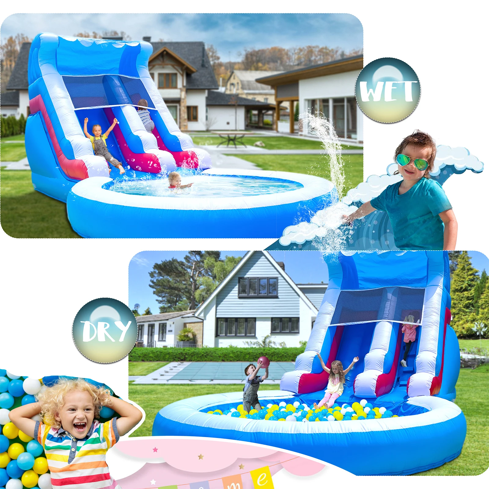 Opblaasbare Zomer Outdoor Sildes Air Bounce Water amusement Speeltoestellen Opblaasbare Water Dubbele Glijbaan Bubble Ball Pit