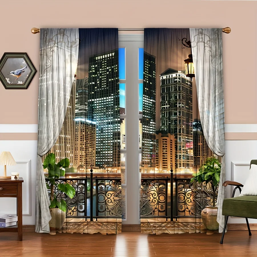 2pcs New Night City Skyline Pattern Decorative Curtain Rods PocketCurtain Suitable For All Seasons, Used For Bedroom, Kitchen,