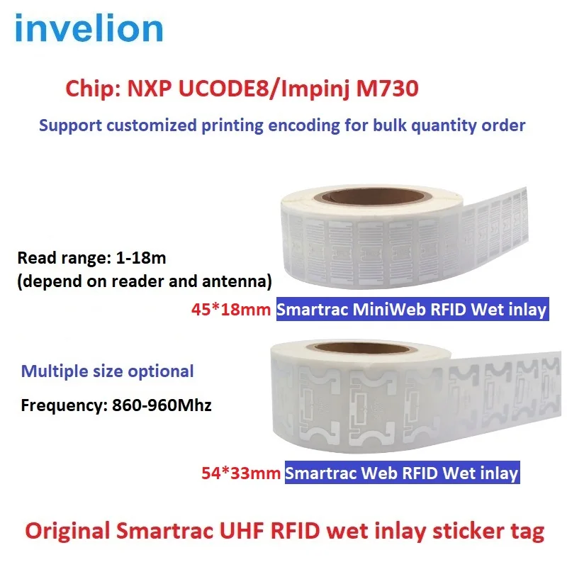 

Original SMARTRAC Web Belt Miniweb Wet inlay RFID UHF Sticker Tag U8 Impinj M730 Chip Long Range RFID Label For Asset Tracking