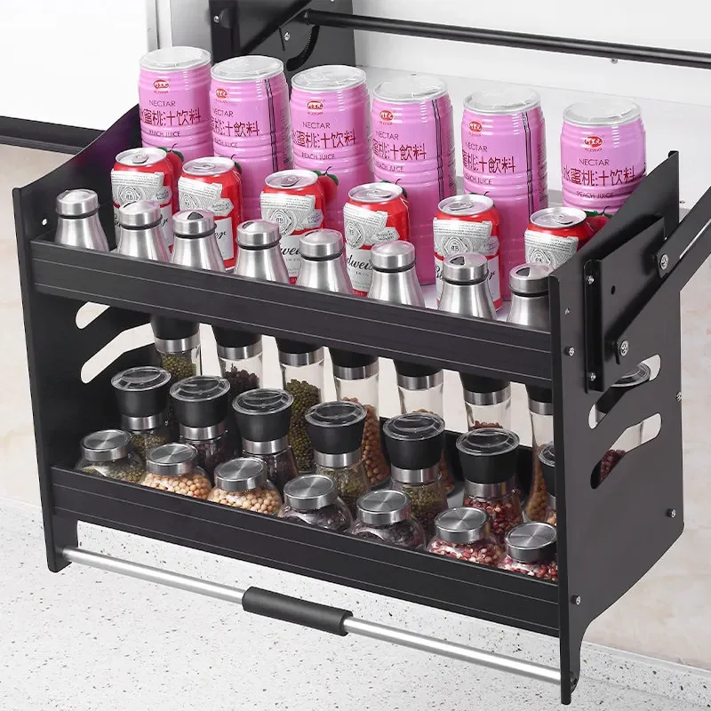 Storage Kitchen Hanging Cabinet Elevator Pulling Basket Pulling Down Cabinet Seasoning Basket Storage Shelf Stainless Steel Blue