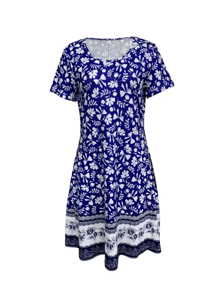 Abito casual con stampa Boho Lady Fashion O Collo Pullover a maniche corte Abiti larghi per le donne Vacanza Spiaggia Abbigliamento donna Estate