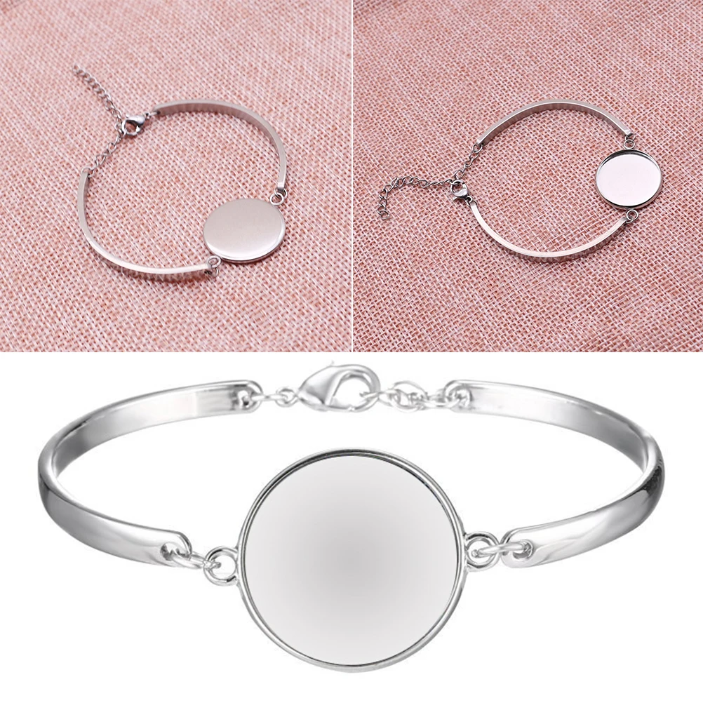 5 pcs 20Mm Stainless Steel Bracelets Round Plate Diy Jewelry Making Craft Resin Pendant Glass Chain Alloy Wristband For Women