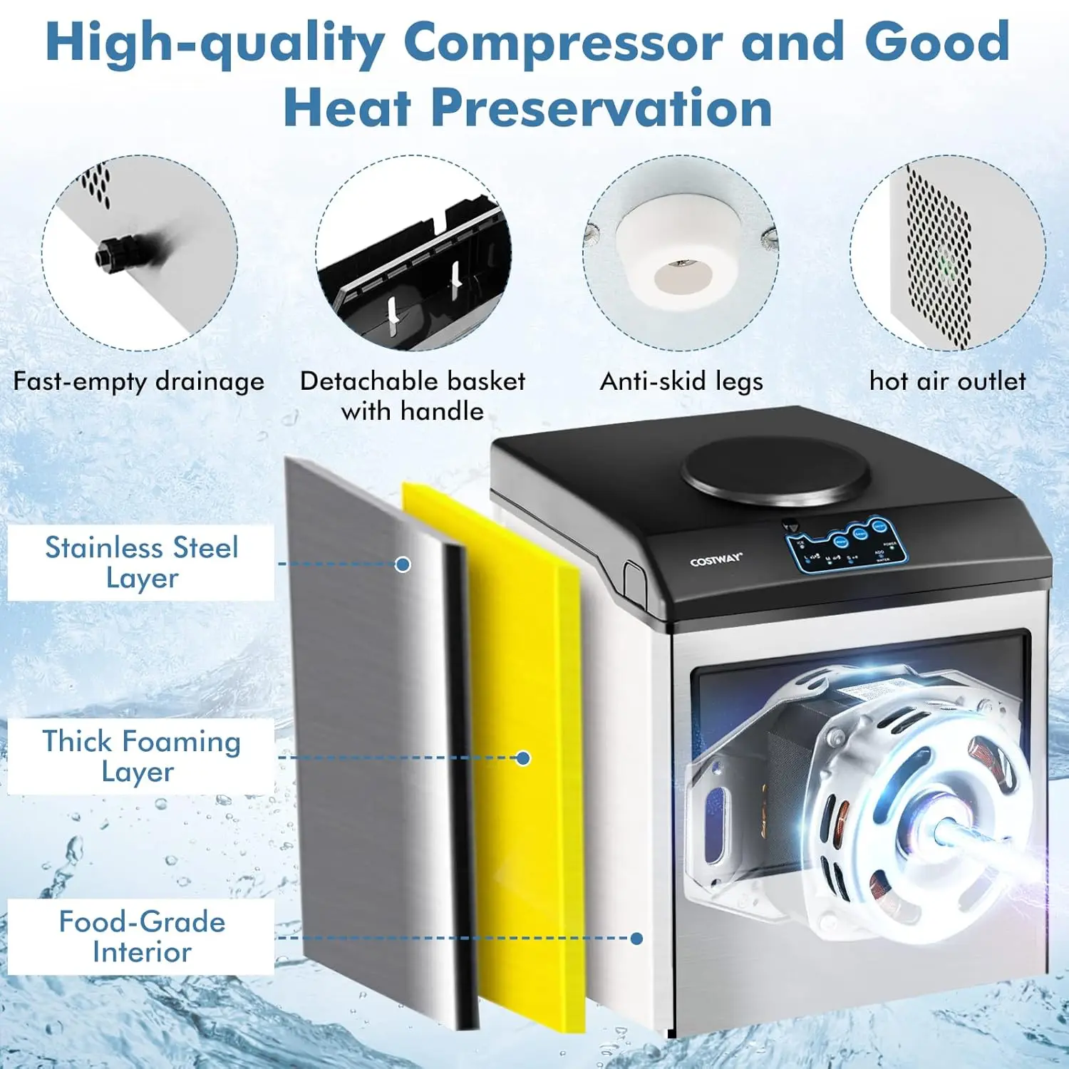 Ice Maker,, 48LBS/Day, S/M/L Size Ice Cube, 5LBS Ice Storage Basket, Fast 6 Mins,Extendable Chilled Water SpoutIce Maker Machine