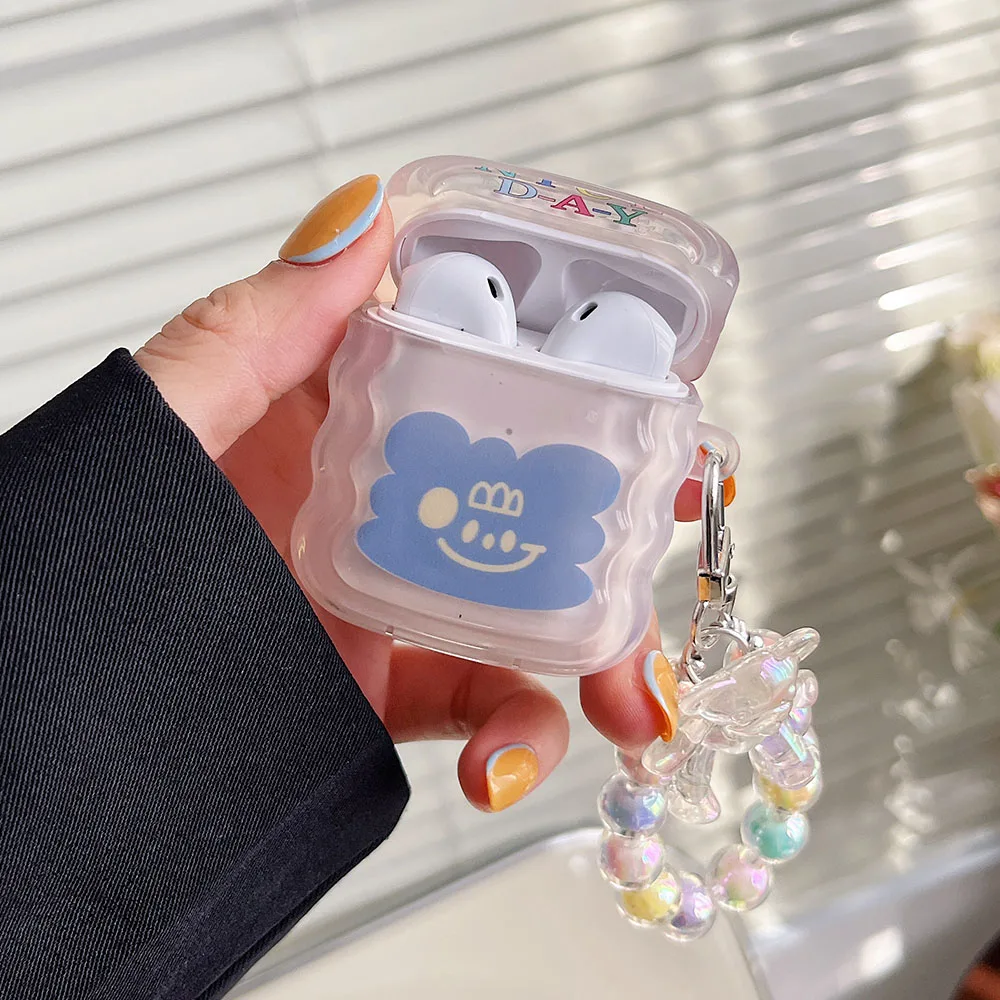 Прозрачный волнистый мягкий чехол для наушников Airpods Pro 1 2 3 Box с синим сердцем и улыбкой, милый медведь, подвеска