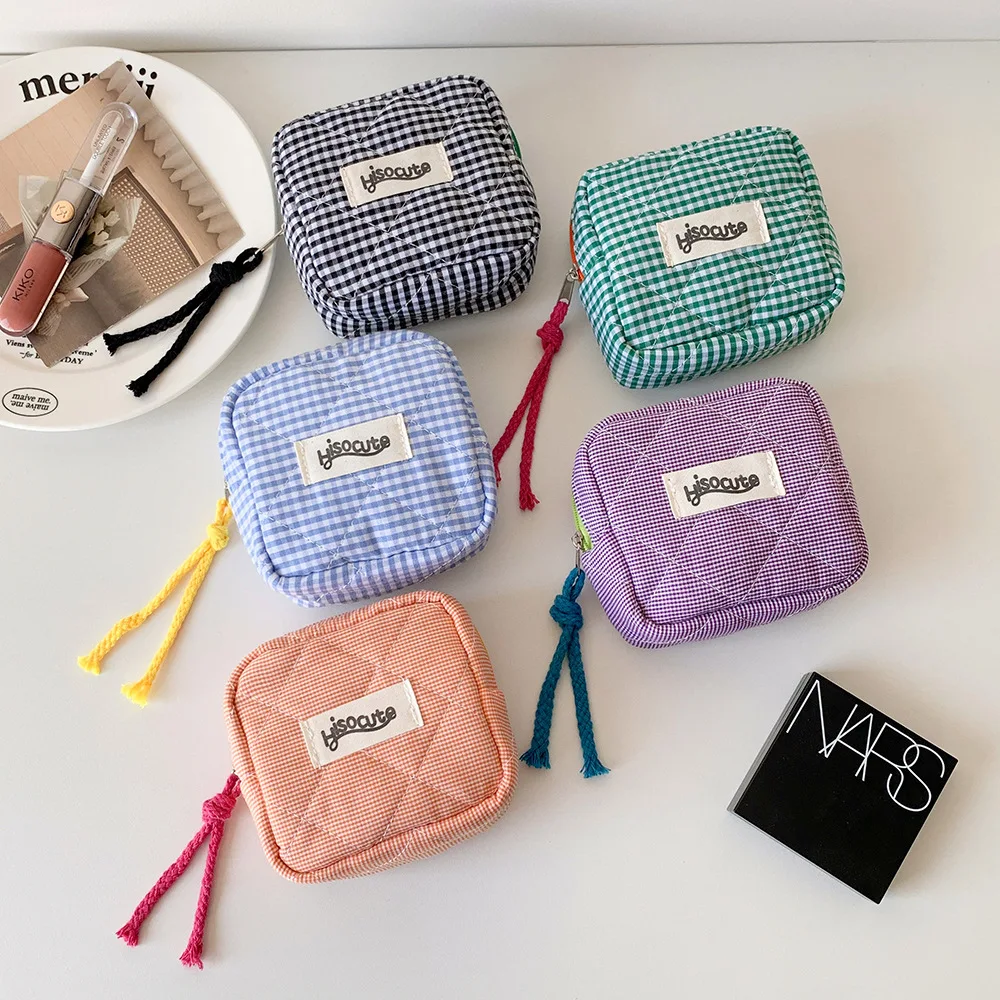 Contrast color plaid small square bag girl bluetooth headset bag mouth red envelope student change bag privacy storage bag